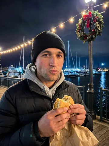 Kane, AI character: the Fells Point waterfront at night in December, a wreath on a lamppost and boat lights on the water