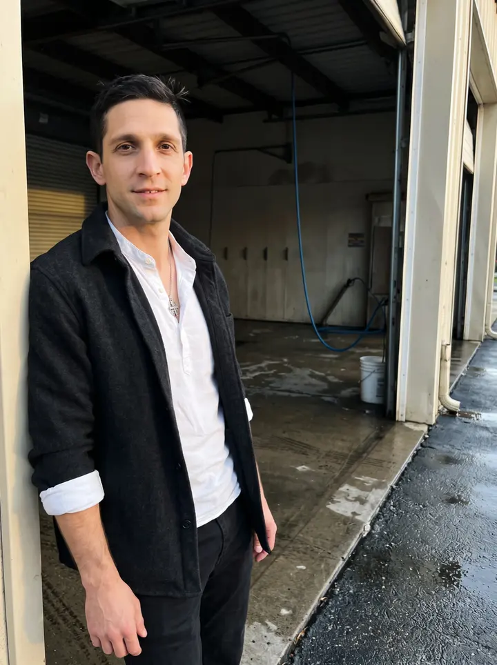 Predrag, AI character: outside the Cleveland car wash after closing, standing in the open bay doorway with wet pavement behind him