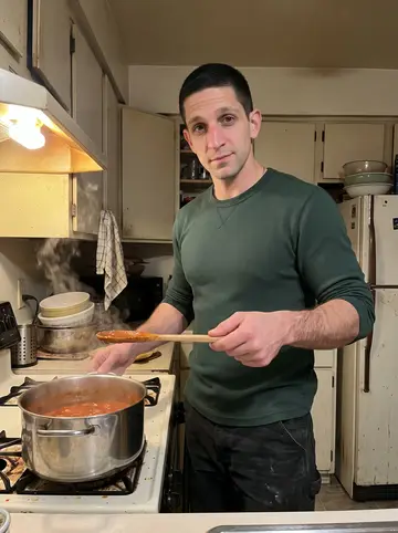 Predrag, AI character: his quiet Cleveland apartment kitchen on a Friday night, a large pot of paprikash on the stove