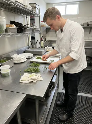 Dmitry, AI character: the prep station of the restaurant kitchen before service, stainless prep table, sheet pans, herbs, and…