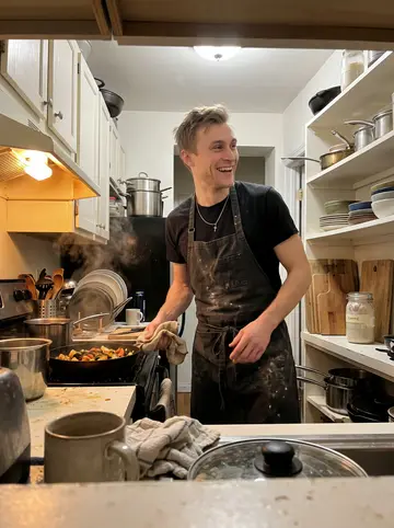 Dmitry, AI character: his tiny Brooklyn apartment kitchen during Sunday dinner for line cooks, narrow counter, pots, plates, and…
