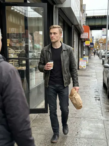 Dmitry, AI character: outside the Brighton Beach bakery he trusts for rye, wet sidewalk, storefront glass, and the elevated…