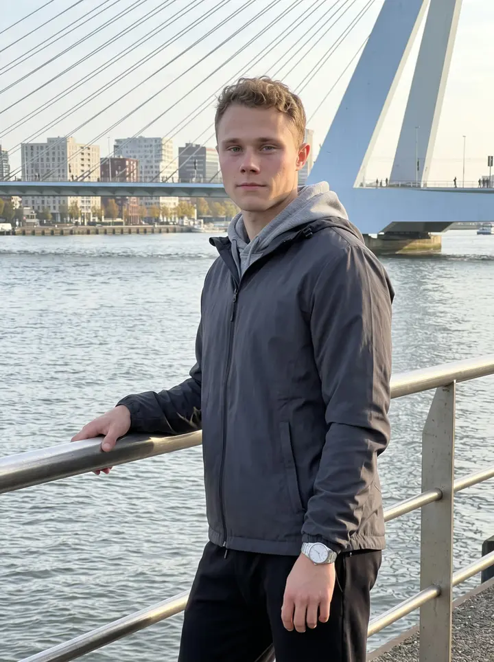Mees, AI character: the Maas riverside path near Erasmusbrug in Rotterdam after an early run, leaning on a metal railing with…