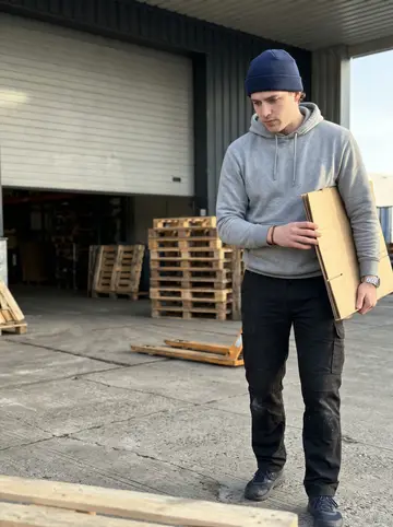 Mees, AI character: outside a Rotterdam warehouse loading bay just after his morning shift, pallets and a roll-up door behind him