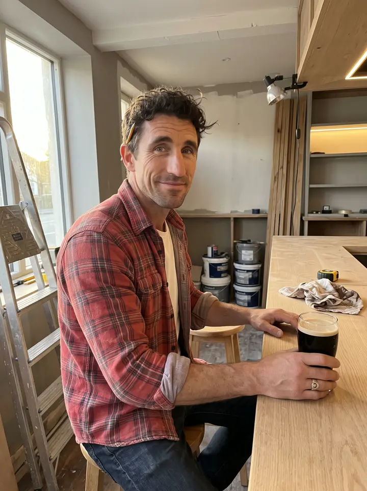 Tadhg, AI character: in the open doorway of his half-finished pub on a Dorchester street, fresh paint on the doorframe and a…