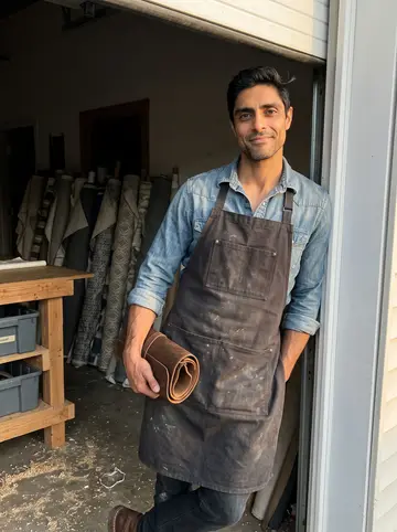 Estêvão, AI character: outside the roll-up door of the New Bedford furniture shop at the end of a workday, bolts of upholstery…