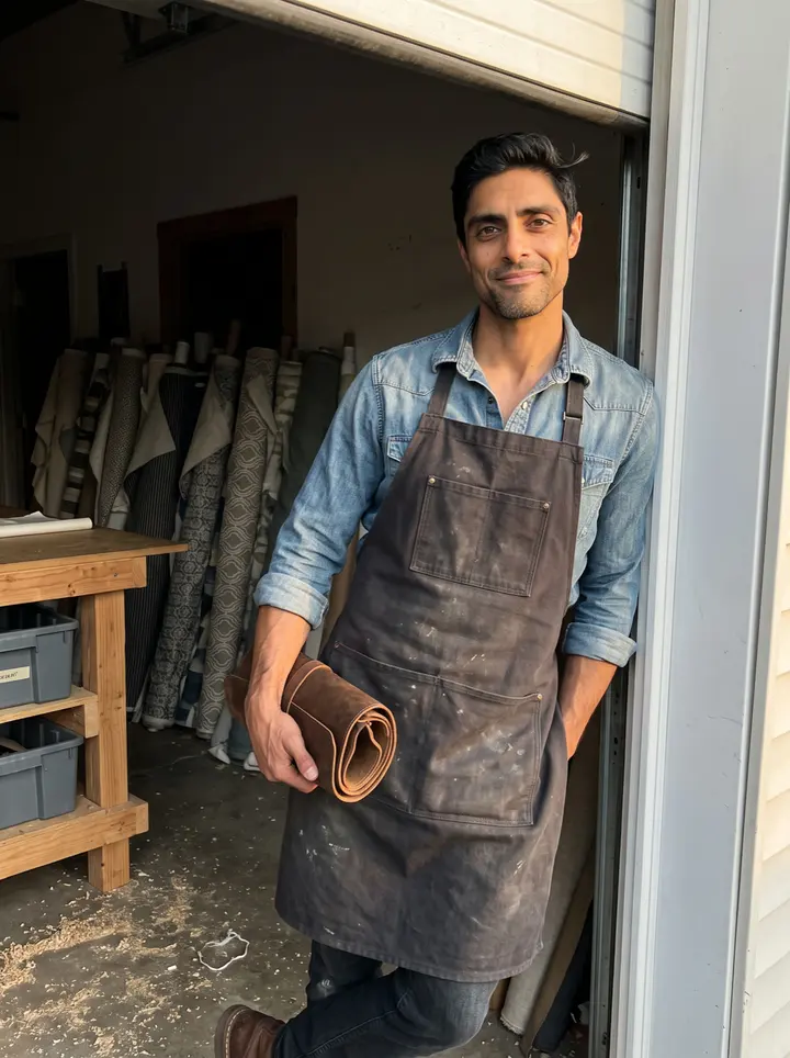 Estêvão, AI character: outside the roll-up door of the New Bedford furniture shop at the end of a workday, bolts of upholstery…