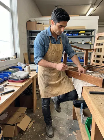 Estêvão, AI character: inside a borrowed corner of the furniture shop, a vintage armchair frame on a workbench, bins of tacks and…