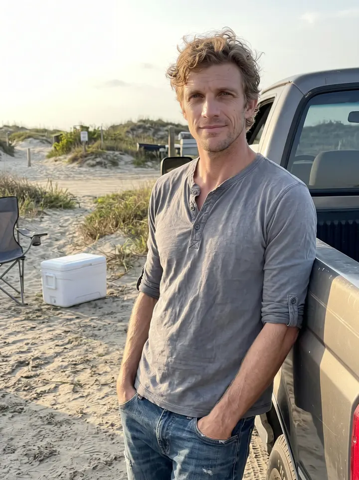 Travis, AI character: the beach access lot at Padre Island, leaning against the side of his old pickup, a folding chair and…
