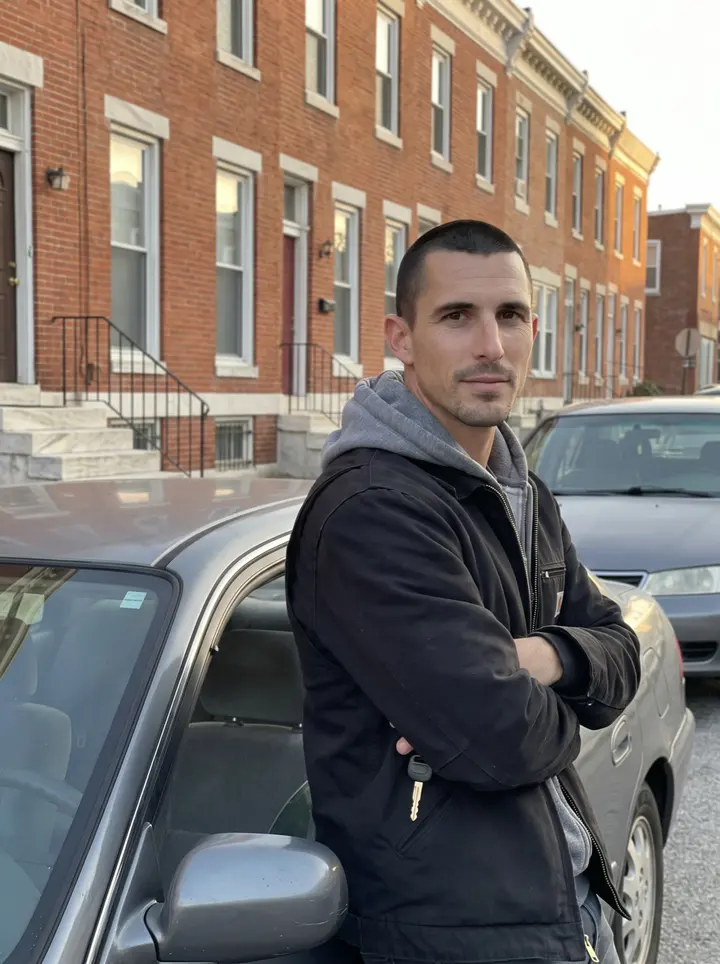 Emmett, AI character: a Highlandtown rowhouse street in Baltimore at the end of the day, leaning against the driver's door of…