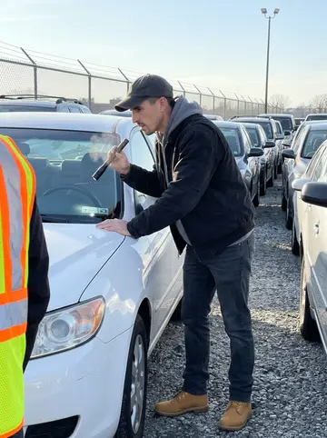 Emmett, AI character: the city auto impound lot in Baltimore on a cold clear weekday, rows of tow-yard cars behind a chain-link…