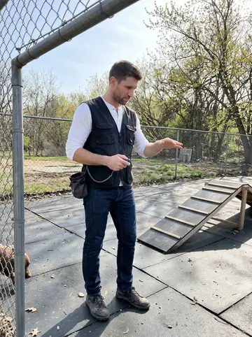 Weston, AI character: the fenced training yard behind a service-dog nonprofit off Bardstown Road in Louisville, rubber mats and…