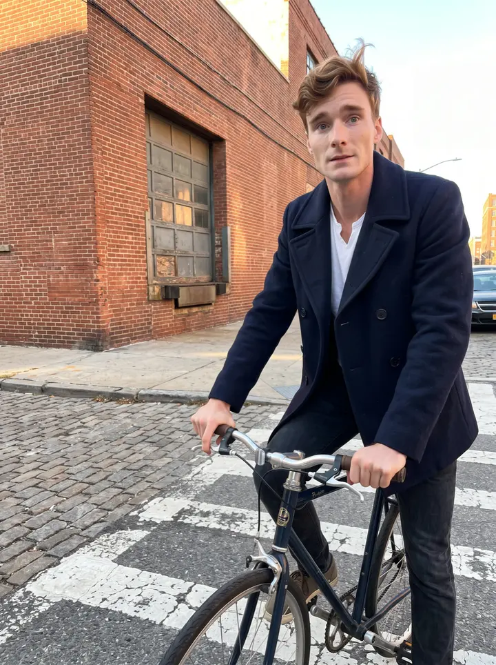 Flint, AI character: a brick warehouse street in Red Hook, Brooklyn, late afternoon, old loading doors and a cobbled edge…