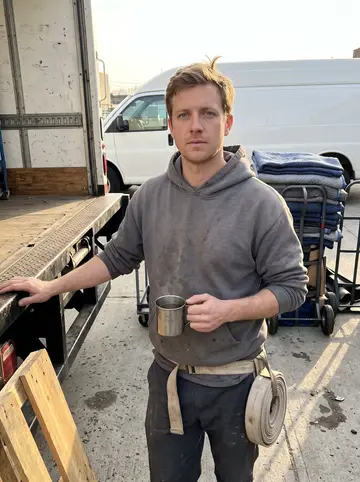 Flint, AI character: the yard of a moving company in Red Hook early in the morning, the open tailgate of a box truck, stacked…