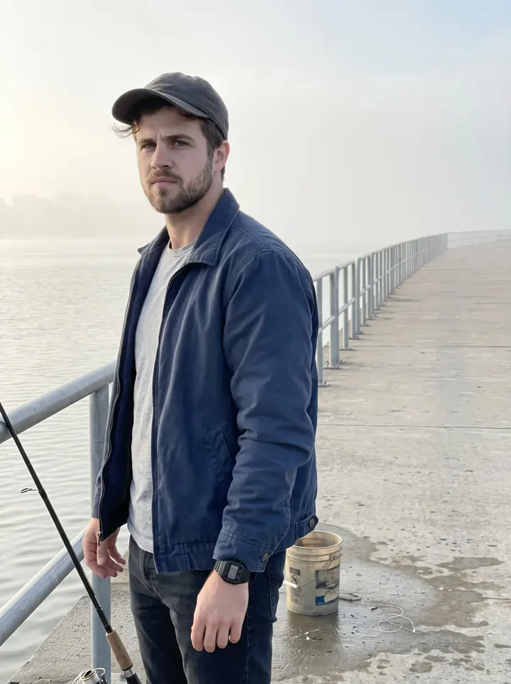 Thomas, AI character: the Maumee breakwall just after sunrise, fishing rod propped against the concrete and river fog behind him