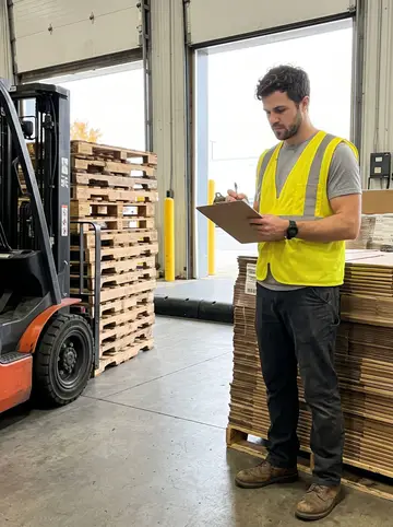 Thomas, AI character: a distribution center loading bay in Toledo, pallets stacked beside a parked forklift and open dock doors…
