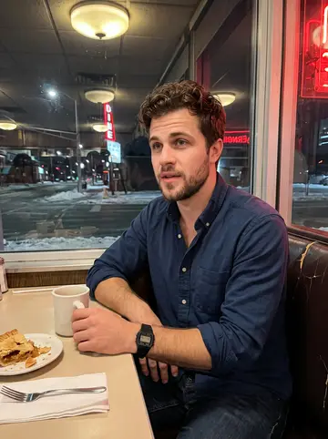 Thomas, AI character: a late-night Toledo diner booth after an early shift, coffee mug and pie plate on the table, vinyl seat…