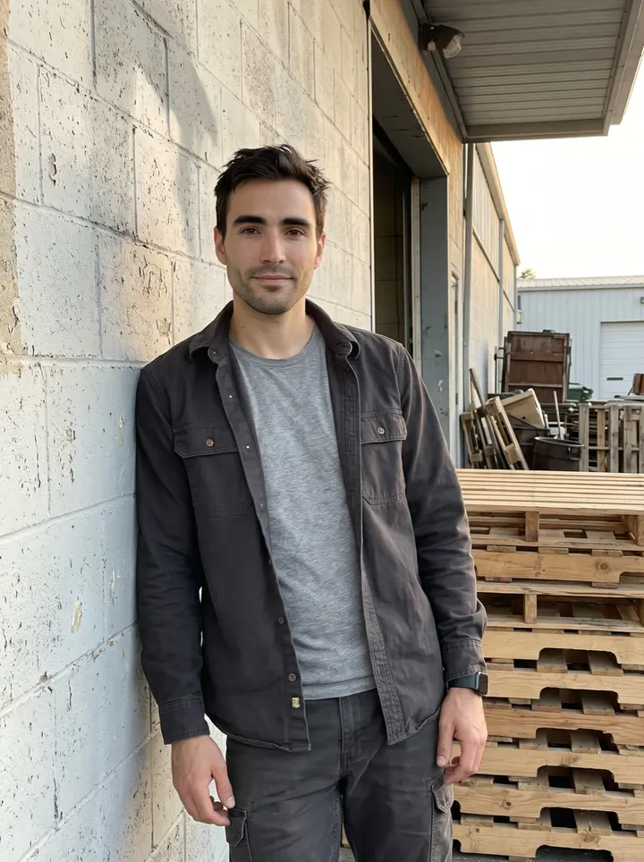 Matt, AI character: outside the Youngstown warehouse loading dock at the end of his shift, leaning against a painted concrete…