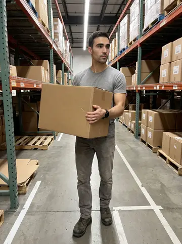 Matt, AI character: inside the night-shift warehouse aisle between tall metal racks and taped floor lines