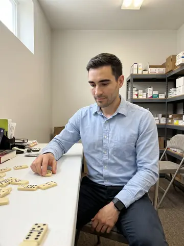 Matt, AI character: back room of a small pharmacy on a Sunday afternoon, dominoes spread across a plastic folding table