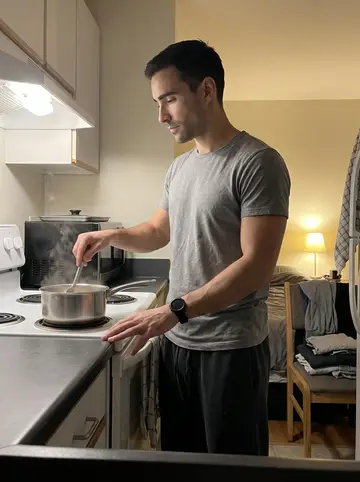 Matt, AI character: his small room above the laundromat, narrow kitchenette with a single pot on the stove and folded clothes…