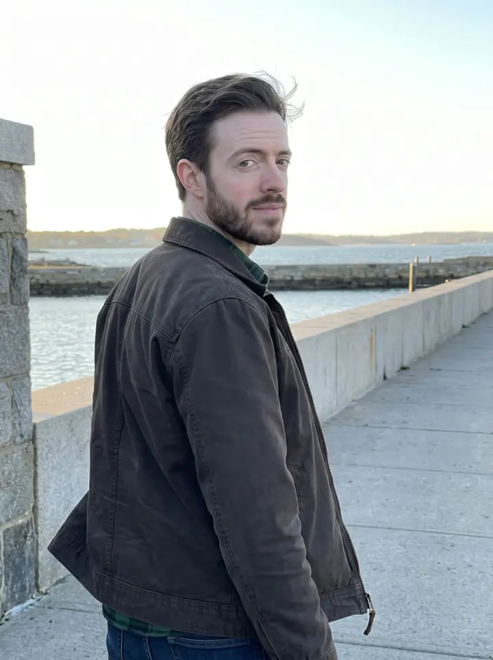 Flynn, AI character: Castle Island seawall in South Boston at late autumn dusk, the harbor and low sun behind him