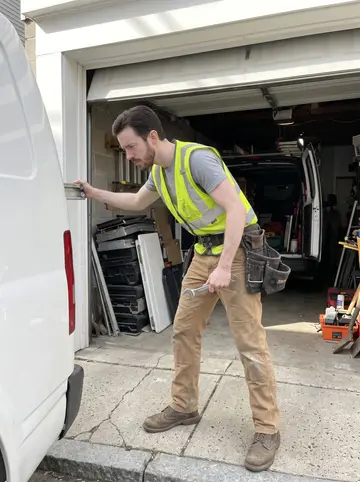 Flynn, AI character: a narrow South Boston driveway beside a partially open garage door, work van parked close to the curb