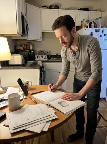 Flynn, AI character: his small kitchen table in a South Boston apartment, dollar-store notebook open beside a folded wallet…