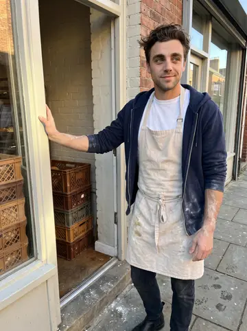 Lewis, AI character: outside the side door of a small Leeds bakery at the end of his morning shift, stacked bread crates and a…