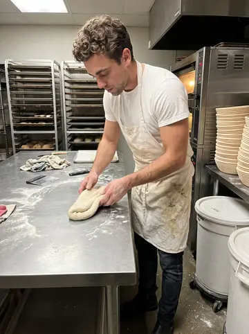 Lewis, AI character: inside the bakery prep room at 3 a
