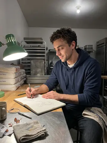 Lewis, AI character: the bakery back table after the ovens are off, sketchbook open beside a small silver pen on a cord,…