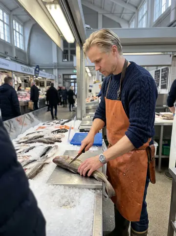 Ivar, AI character: behind the iced counter at the Feskekôrka fish hall in Gothenburg, rows of cod and herring on crushed ice,…