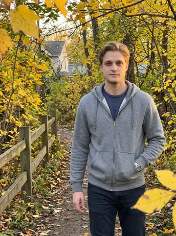 Boris, AI character: the Metroparks trail behind his aunt's house in Parma, yellow leaves along the path and a low wooden rail…
