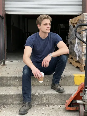Boris, AI character: outside the Parma warehouse loading dock on a short break, concrete steps, pallet stacks and a roll-up…