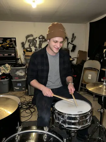 Boris, AI character: his cousin's cluttered Parma garage during Thursday band practice, drum kit, amp cables and storage…