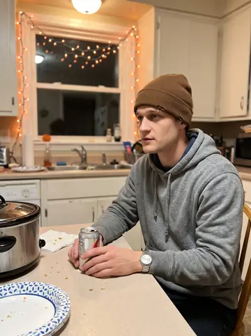 Boris, AI character: his aunt's kitchen table during a Browns Sunday, paper plates, a slow cooker and orange-brown holiday…