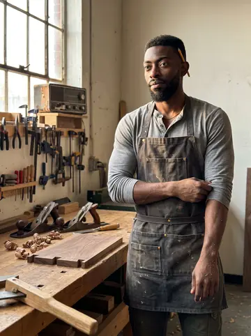 Terrence, AI character: his workbench by the tall factory window in the old tool-and-die shop on Detroit's east side, walnut…