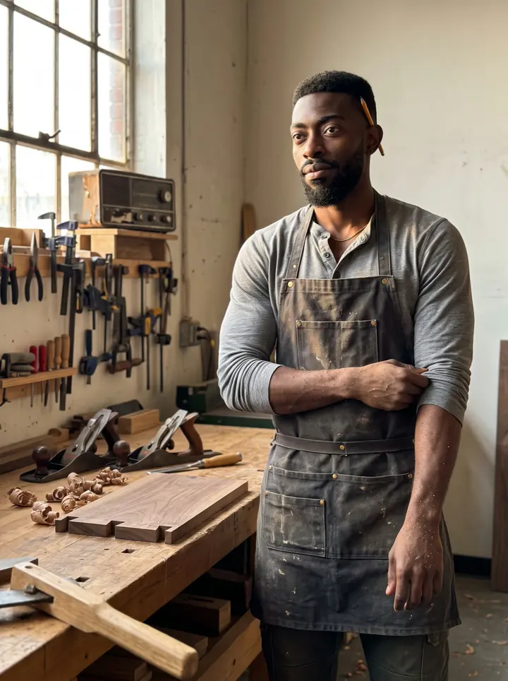 Terrence, AI character: his workbench by the tall factory window in the old tool-and-die shop on Detroit's east side, walnut…