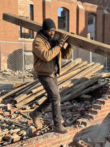 Terrence, AI character: a Sunday demolition site of an old brick church in Detroit, broken masonry, piles of salvaged old-growth…
