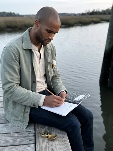 Reggie, AI character: his open boat shed on the marsh, a half-planked wooden hull on stands behind him, juniper planks stacked…
