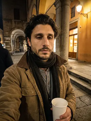 Tommaso, AI character: his violin workshop off Cremona's cathedral square, standing at the workbench by the tall window, violin…