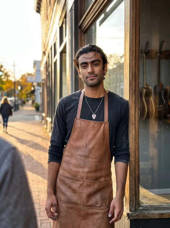 Joaquim, AI character: the open door of his narrow guitar repair shop in the Ironbound, a glass window with hanging guitar necks…