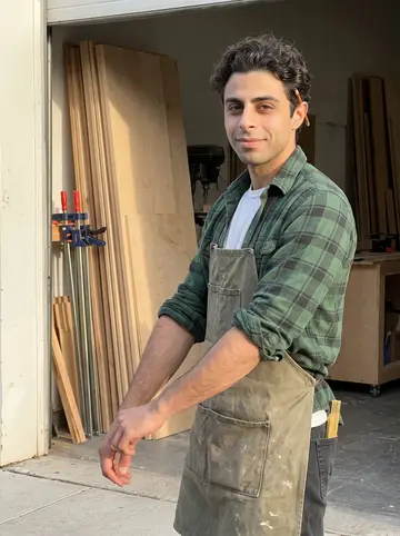 Mimis, AI character: outside the open bay door of his cabinet shop in Astoria, stacked maple boards and clamps visible behind him