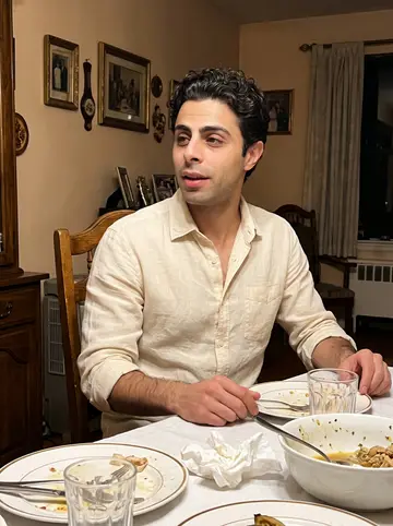Mimis, AI character: his yiayia's Astoria dining room during Sunday dinner, crowded table with plates, water glasses, and…