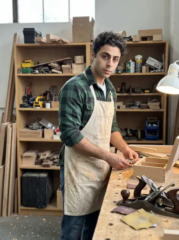 Mimis, AI character: inside the cabinet shop during a gray afternoon break, a half-finished jewelry box and hand planes on the…