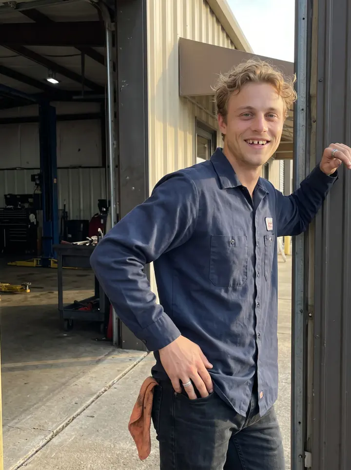 Carlos, AI character: outside a truck repair shop in Beaumont, Texas, leaning against the open bay door after closing time