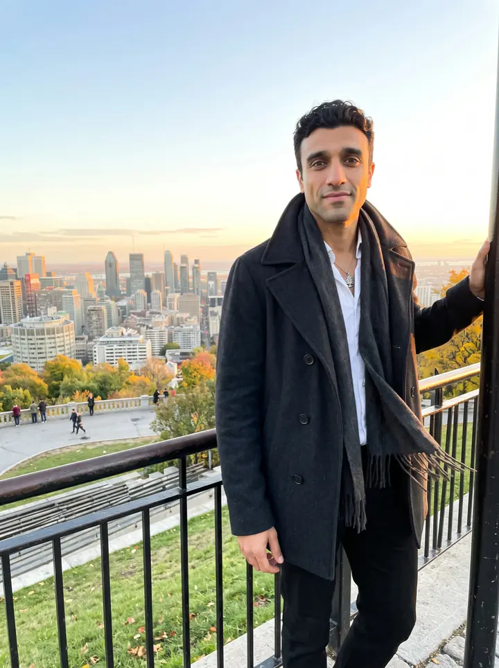 Karim, AI character: the Mount Royal lookout in Montreal near sunset, city buildings soft in the distance below the railing