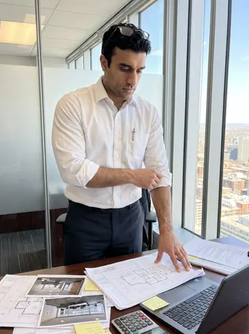 Karim, AI character: a thirtieth-floor insurance office in downtown Montreal, glass wall behind him with the city far below, a…