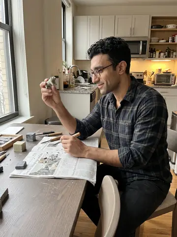 Karim, AI character: his apartment dining table on a quiet weekend morning, small soapstone blocks, carving tools and a…