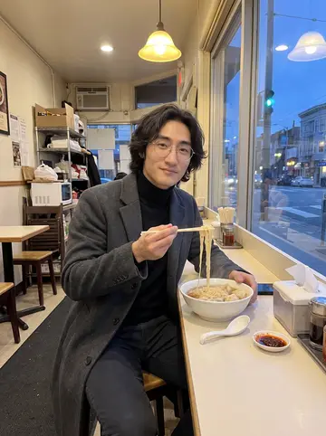 Wes, AI character: a narrow noodle shop on Clement Street at dusk after an afternoon of editing, steamed-up window